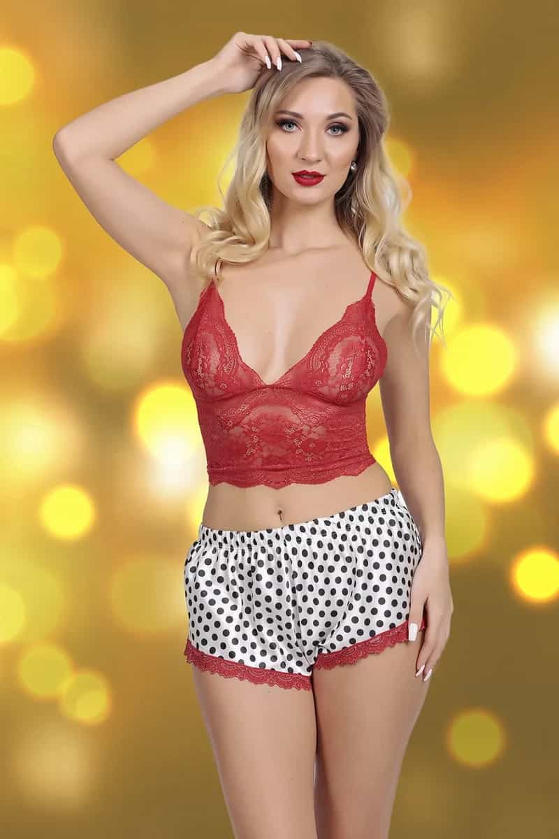 DolceFemme Dantel Büstiyer ve Puantiyeli Şort Takım - Setler