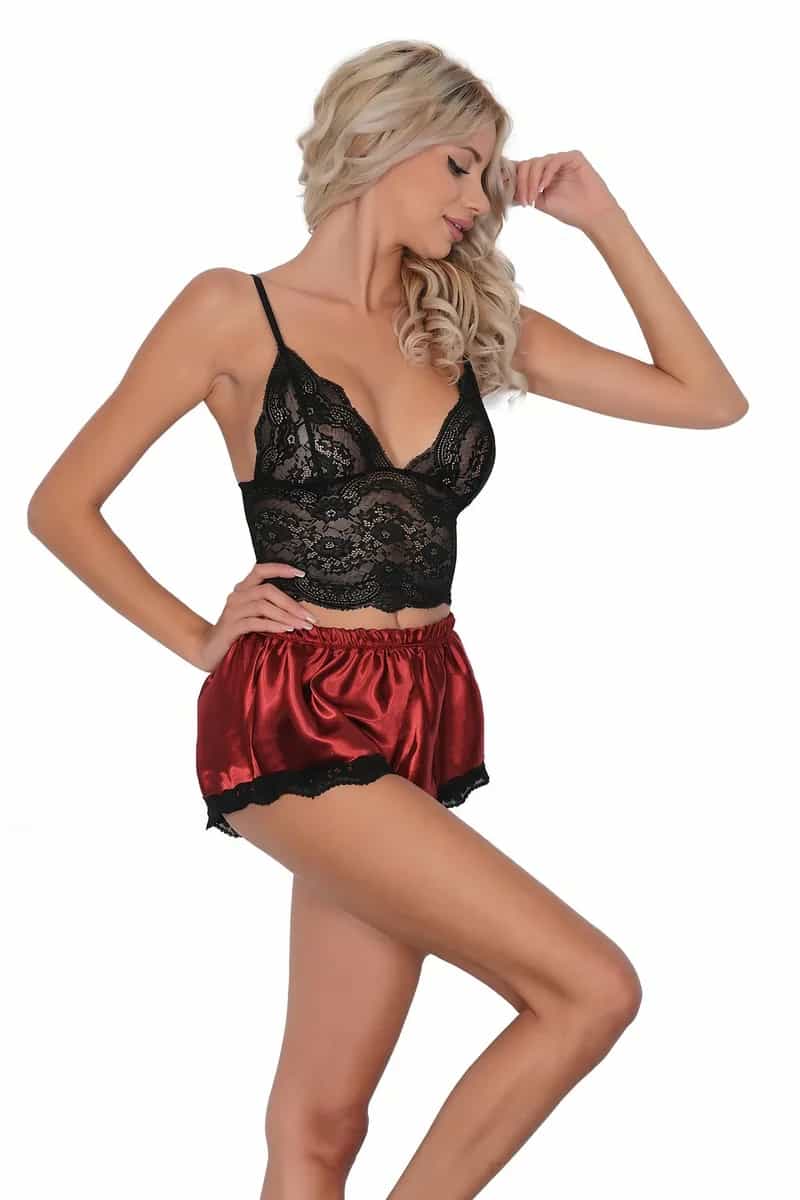 DolceFemme Dantel Büstiyer ve Saten Şort Takım - Setler
