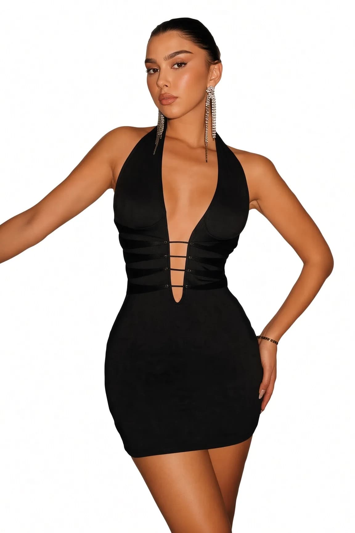 DolceFemme Derin Dekolteli Bant Detaylı Mini Elbise - görsel 1