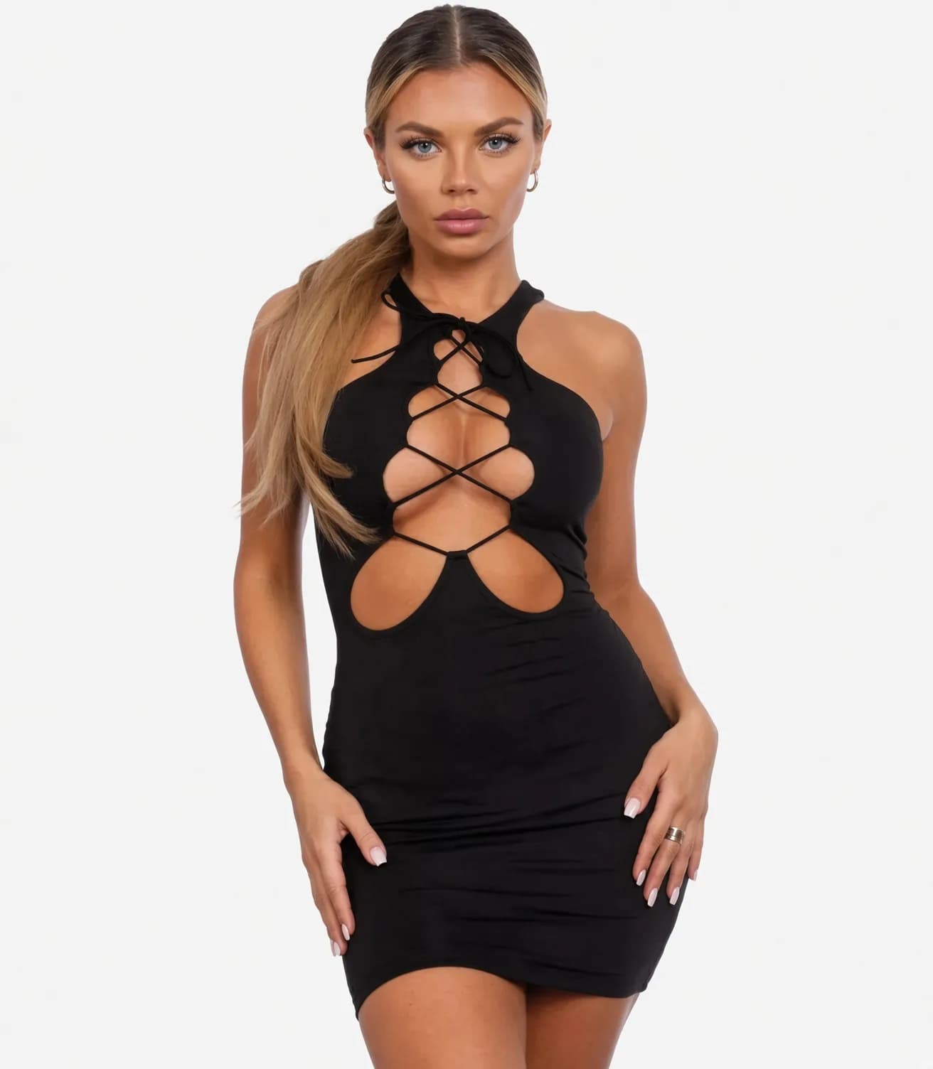 DolceFemme Bağcıklı Dekolteli Mini Elbise - görsel 1